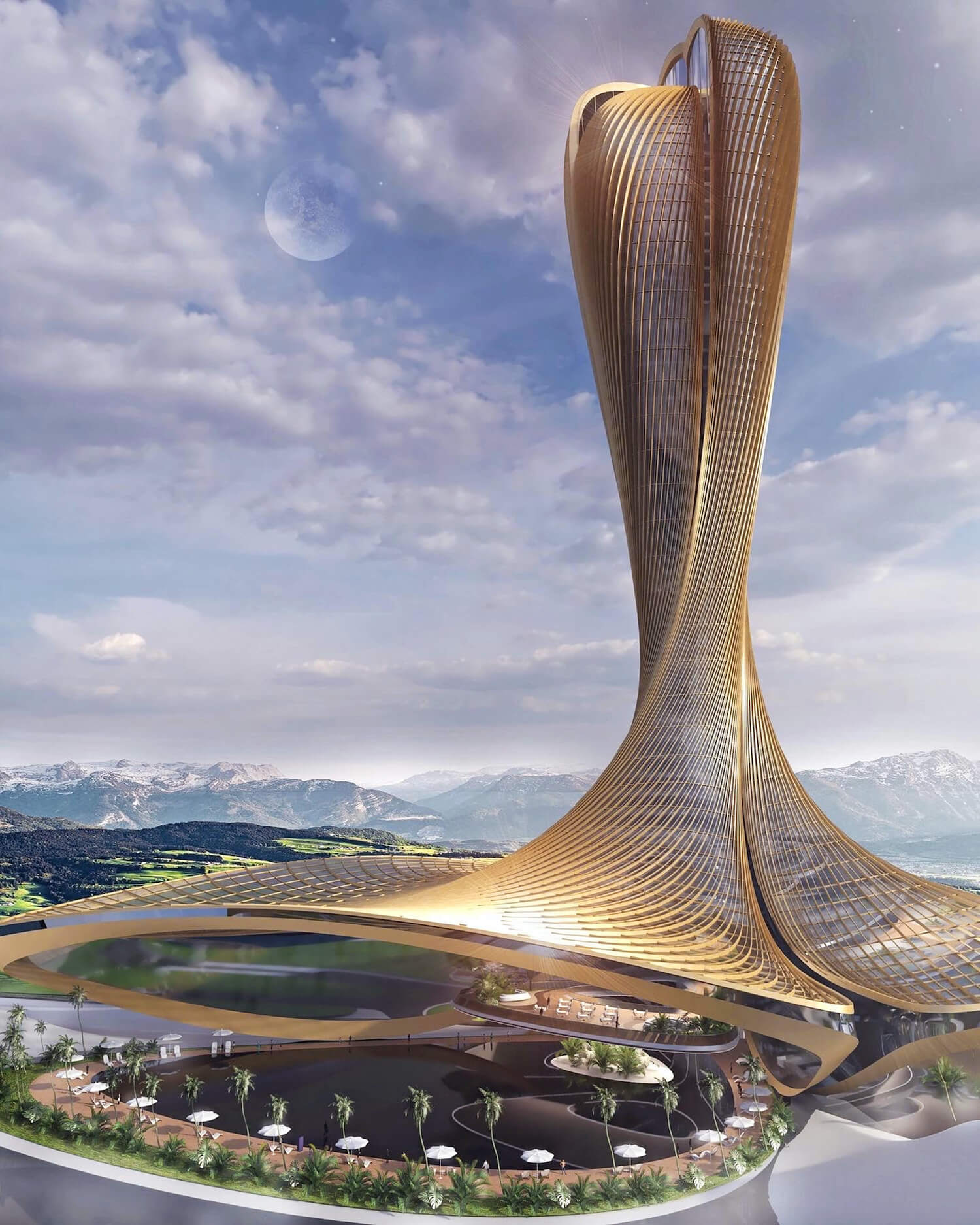 un méga hôtel de luxe et une tour hybride de bureaux dans les Alpes Suisse